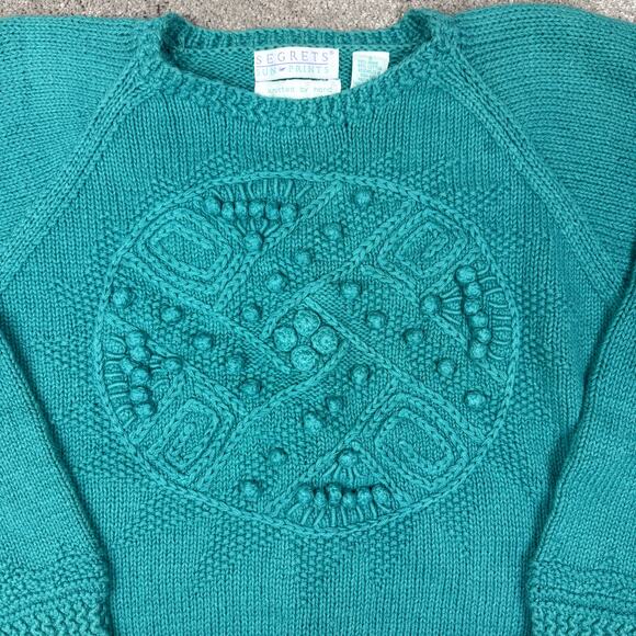 Vtg Teal Textured 3D Knit Sweater Size S Grandma Cottage Hand Knit Cotton Ramie - Picture 2 of 4